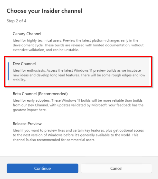 This image shows the different insider builds