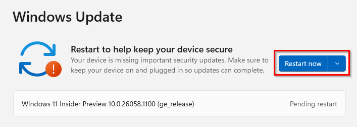 This image shows the Windows Update to restart now