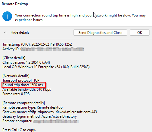 Remote Desktop connection information and where you can find the round-trip time value.