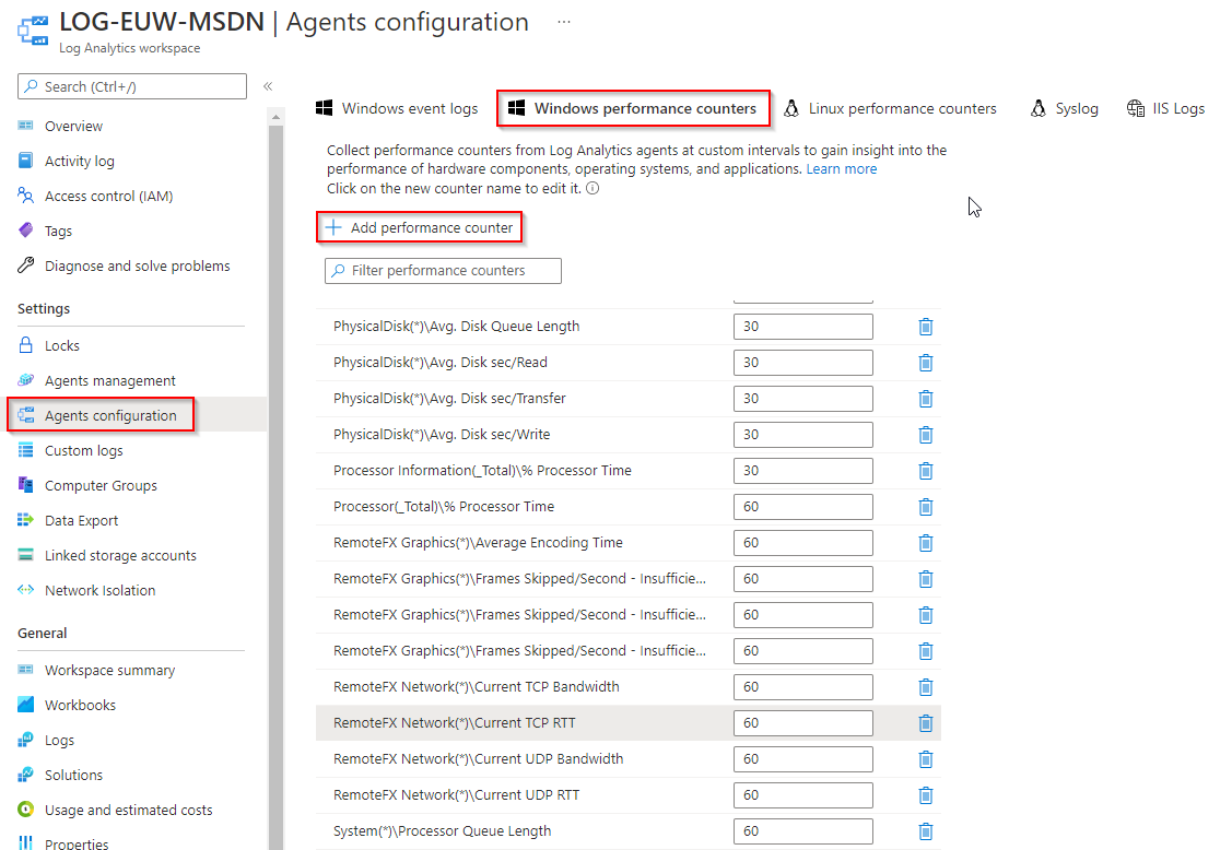 An image showing the performance counters of the Log Analytics workspace required for network data.