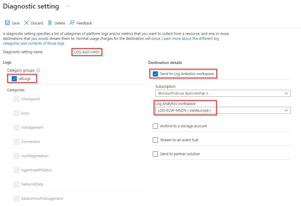 An image shows how to enable the diagnostic setting for Azure Virtual Desktop for network data.