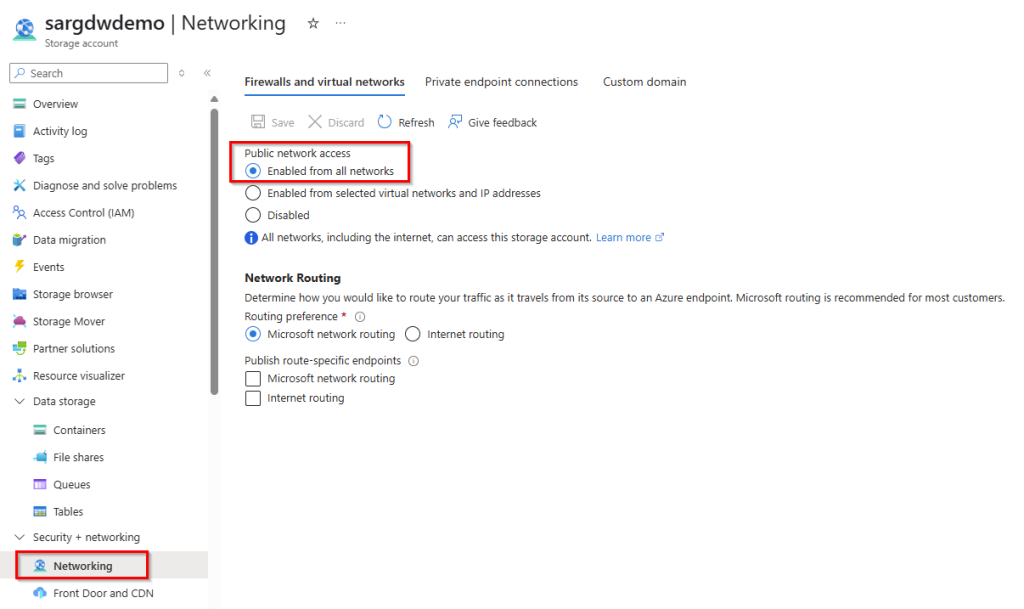 Storage Account networking settings ensure that public network access is activated.