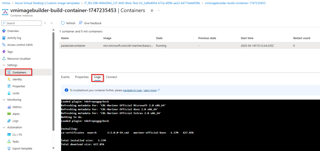 Image shows the image builder process live log.
