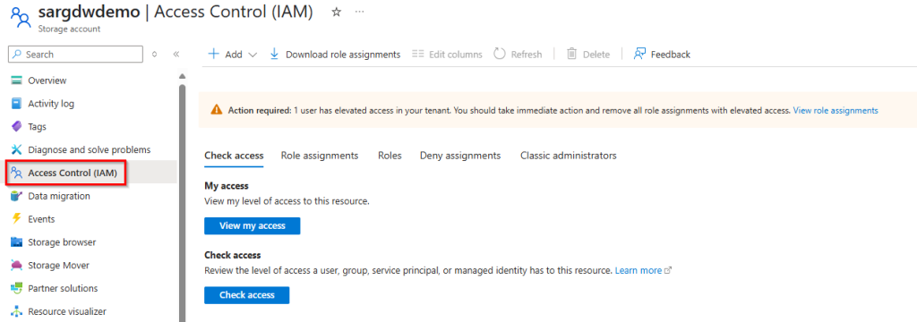 Images shows the Azure Storage Account and the Access Control settings.