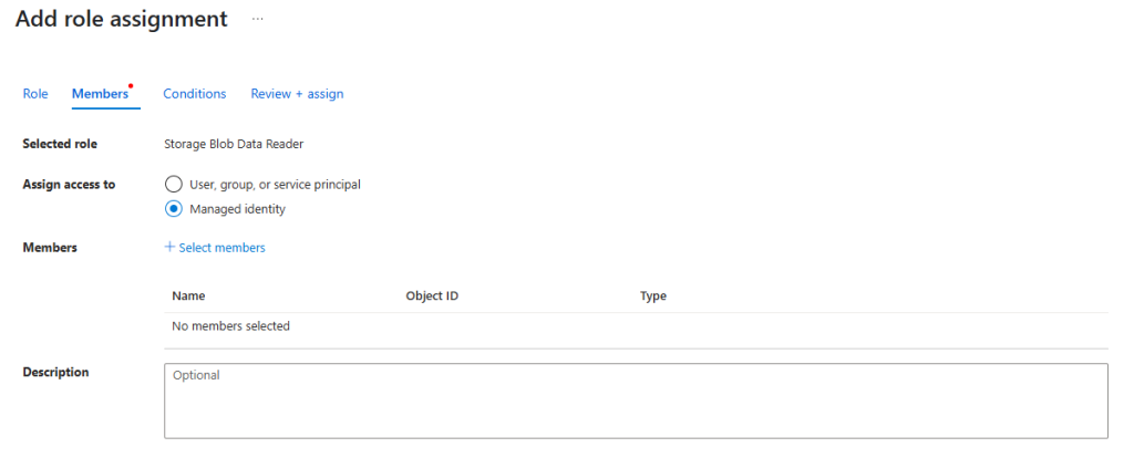 Image shows the members tab to select assign access to managed identity.