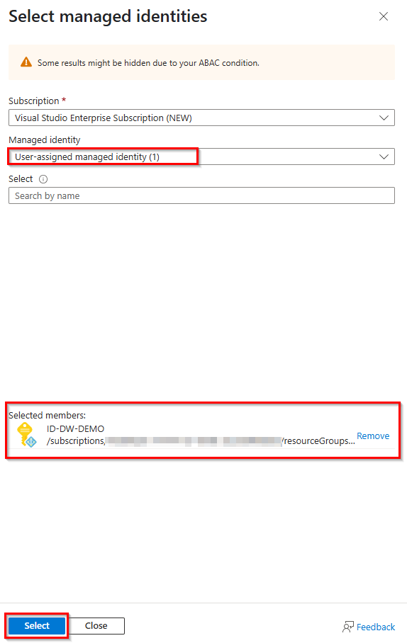 Image shows the select of your managed identity.