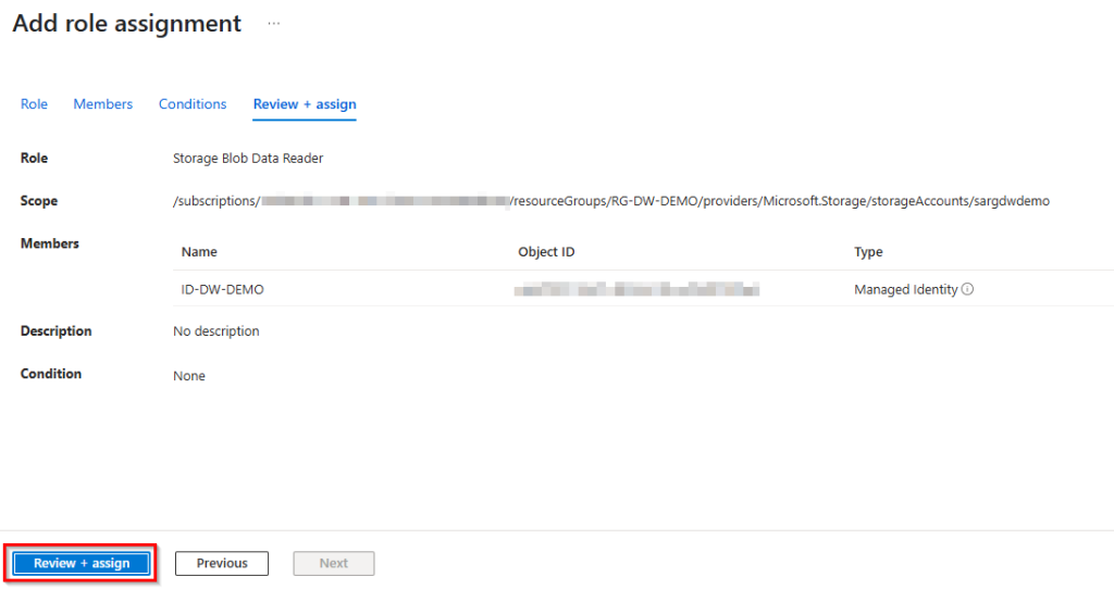 Images shows the summary of the add role assignment process.